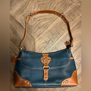 American West 100% Leather Dk Turquoise/Tan Shoulder Bag Zip Closure